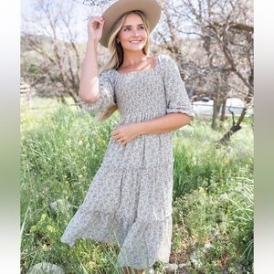 Puff Sleeve Smocked Midi Dress